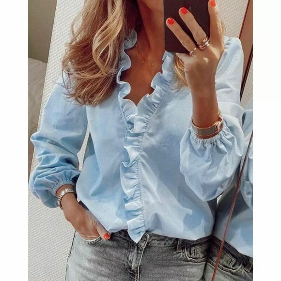 Kismet Tops - PLUS SIZE BABY BLUE NWOT RUFFLED FRONT BLOUSE
